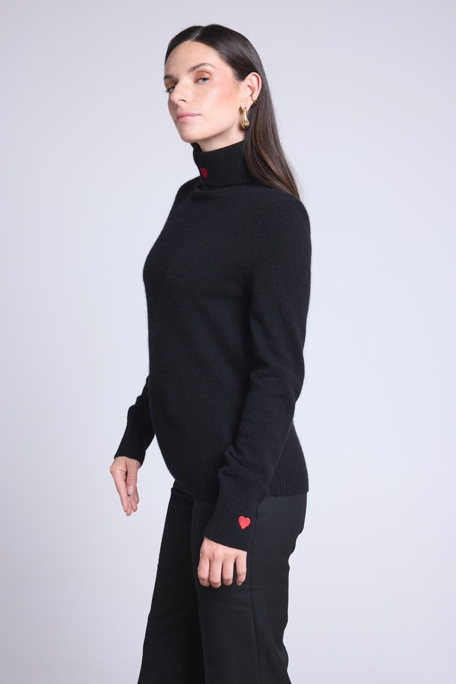 Pull Col Roule Cœur Broderie Anny - Noir Rouge - Femme