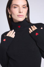 Pull Col Roule Cœur Broderie Anny - Noir Rouge - Femme