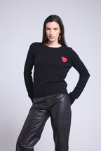 Jersey de cuello redondo con corazón de pompón Anubis - Negro rojo - Mujer