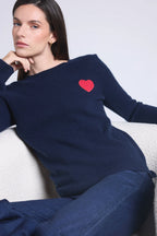 Jersey de cuello redondo con corazón y pompón Anubis - Azul marino rojo - Mujer