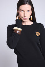 Jersey de cuello redondo con corazón bordado Anubis - Leopardo negro beige - Mujer