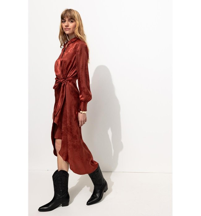 Satin Jacquard Midi Dress - Plain Light Brown