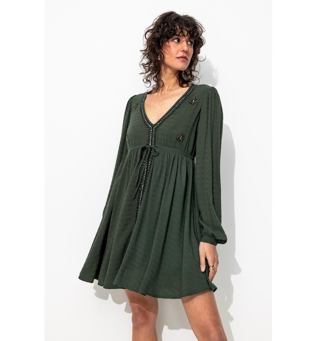 Women's Embroidered Short Dress - Plain Green