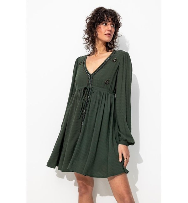 Robe Courte Brodée Femme - Vert Uni Colore