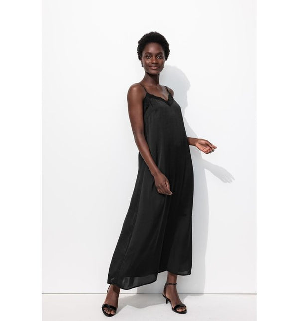 Robe Longue en Satin Femme - Noir Uni Fonce