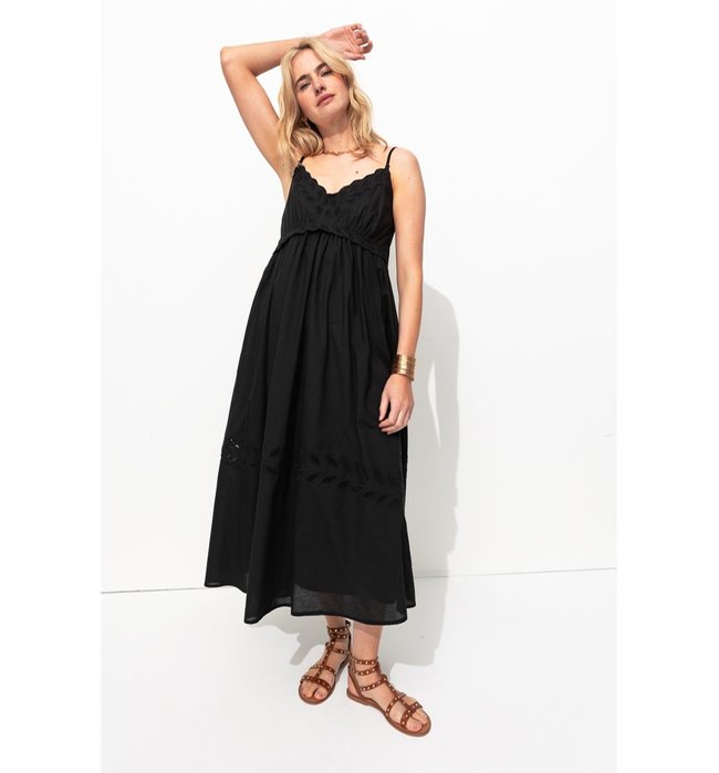 Embroidered Dress with Thin Straps - Plain Dark Black