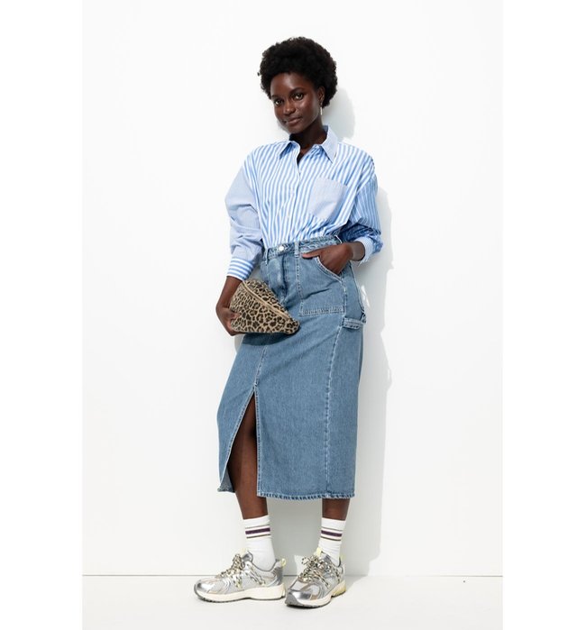 Women's Midi Washed Denim Skirt - Plain Dark Jeans
