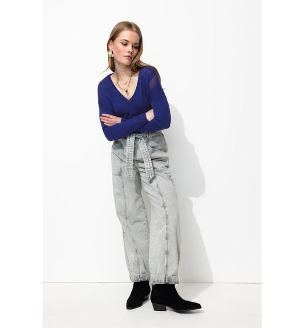 Women's Thin Openwork V-Neck Sweater - Plain Blue
