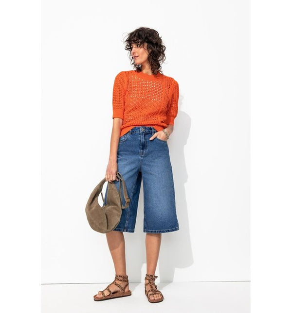 Short Sleeve Openwork Sweater - Plain Orange
