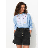 Short en Jean à Boutons Femme - Noir Uni Fonce