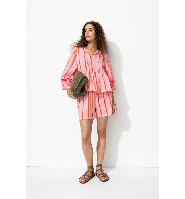Shorts De Gasa De Algodón A Rayas - Rosa A Rayas