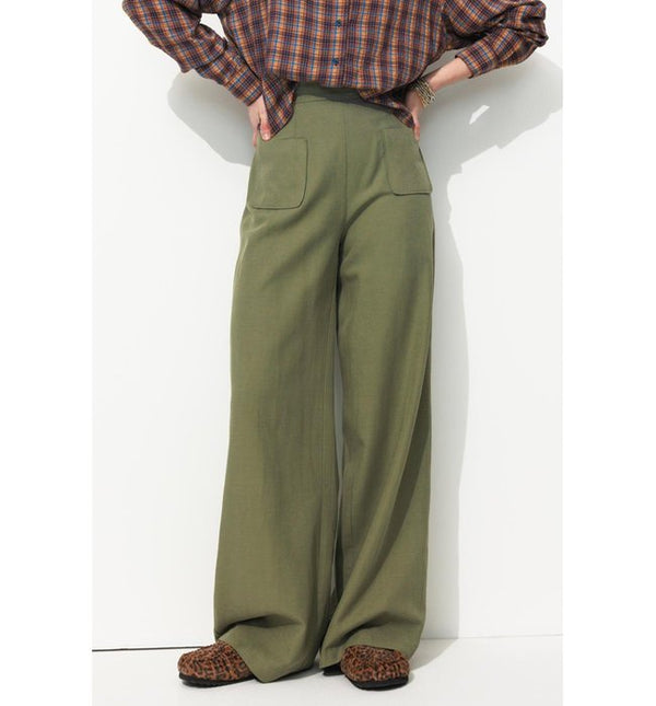 Women's Wide and Fluid Trousers - Plain Dark Khaki