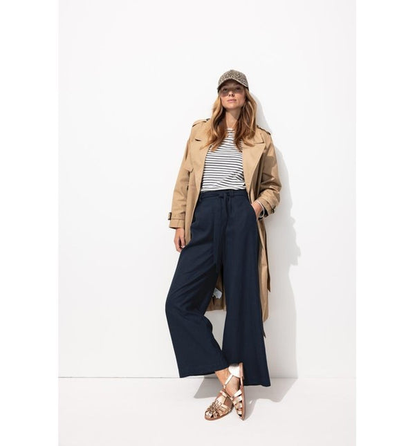 Linen Blend Wide Leg Trousers - Plain Dark Blue