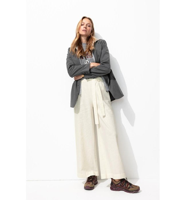 Pantalón Ancho De Mezcla De Lino - Liso Natural Claro