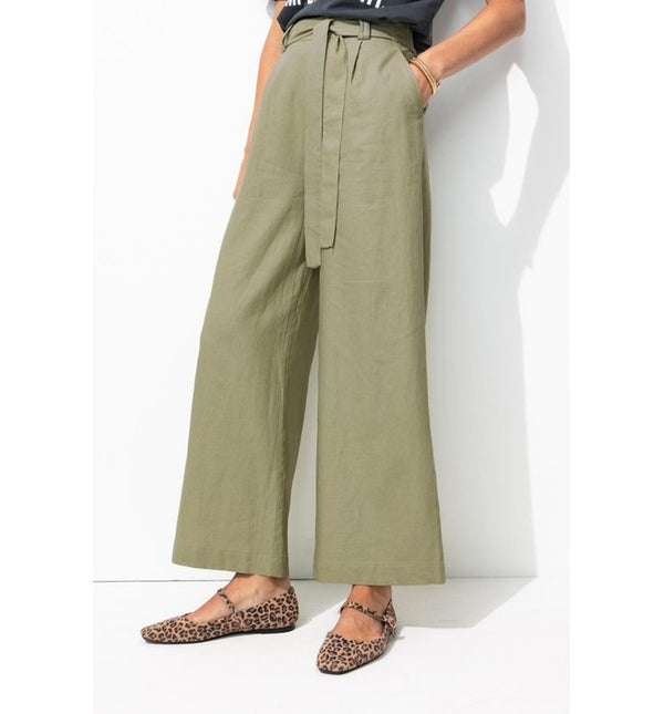 Pantalón Ancho De Mezcla De Lino - Liso Caqui Claro