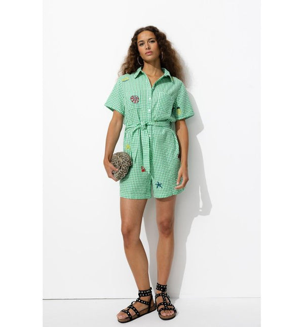 Embroidered Check Playsuit - Check Green