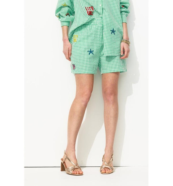 Women's Embroidered Striped Shorts - Green Check