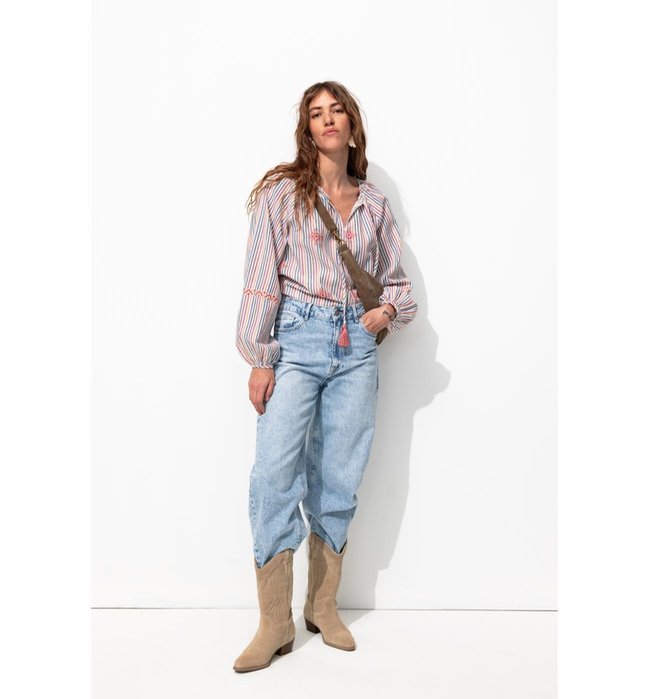 Mujer Blusa A Rayas Bordada A Rayas Multicolor