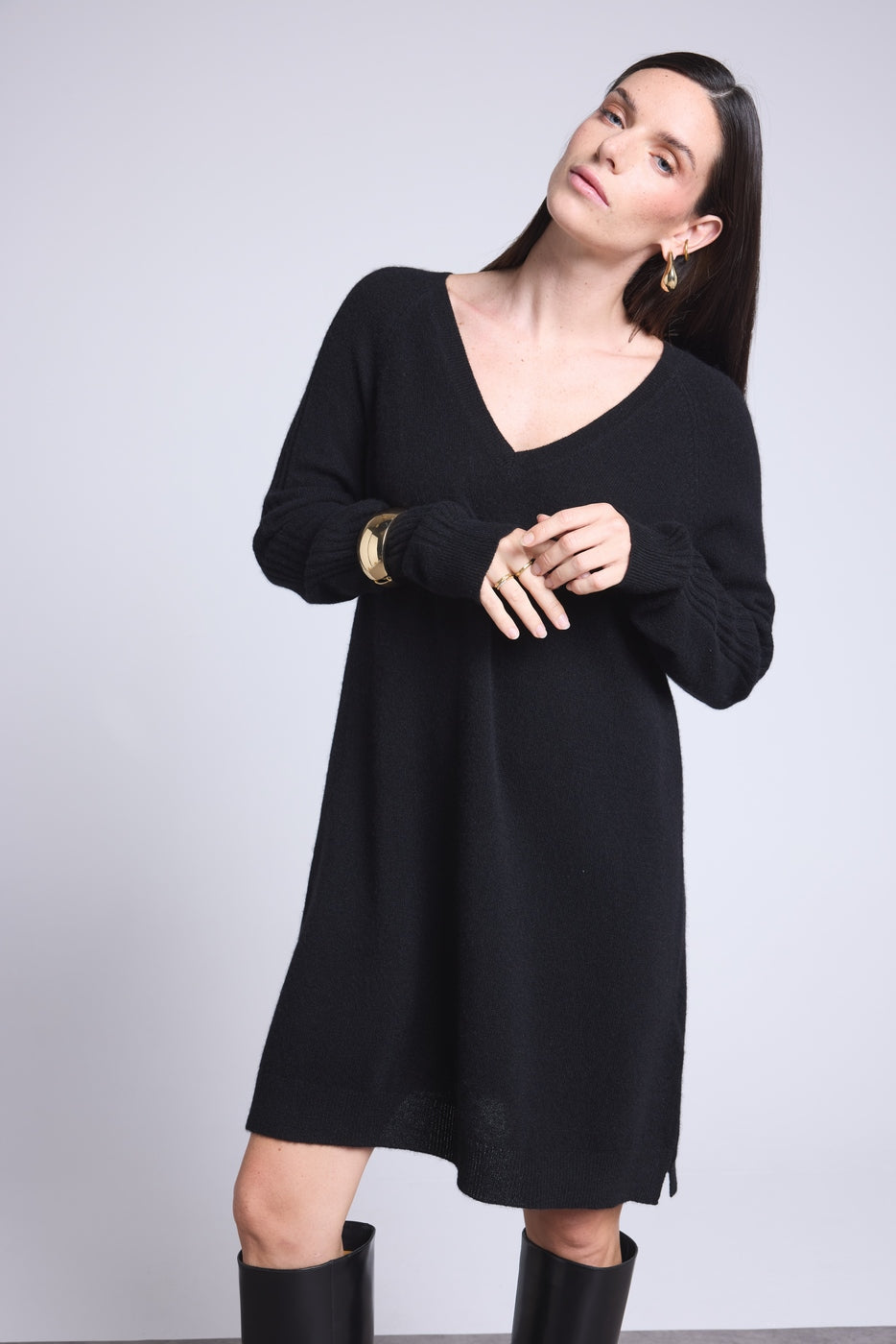 Vestido con cuello en V April - Negro - Mujer