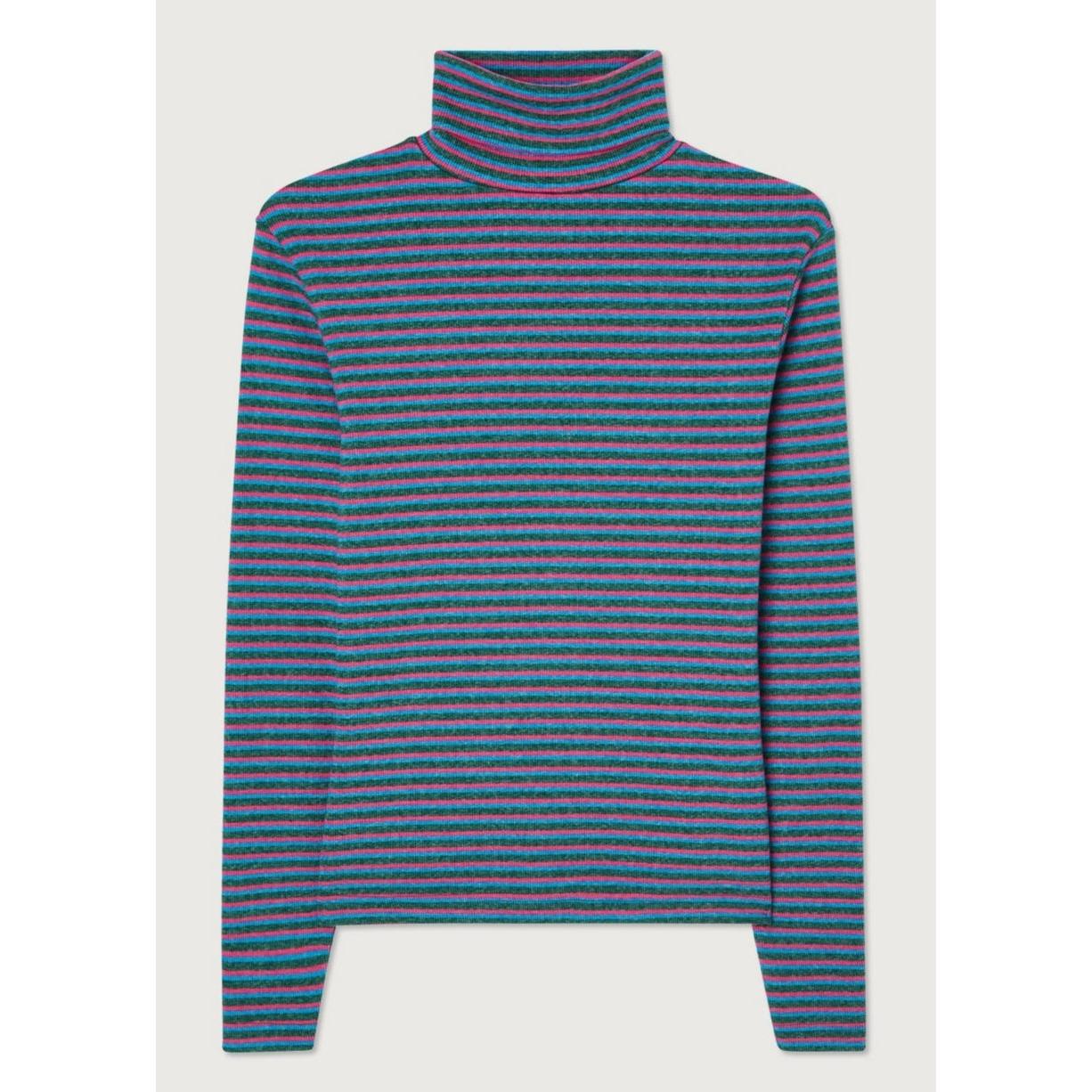 Striped Roll-Neck T-Shirt - Tricolour Stripes - Women