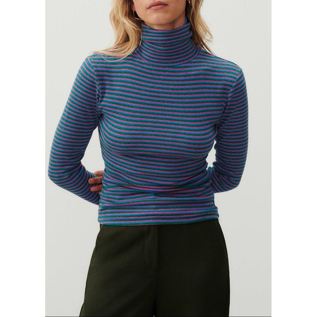 Striped Roll-Neck T-Shirt - Tricolour Stripes - Women