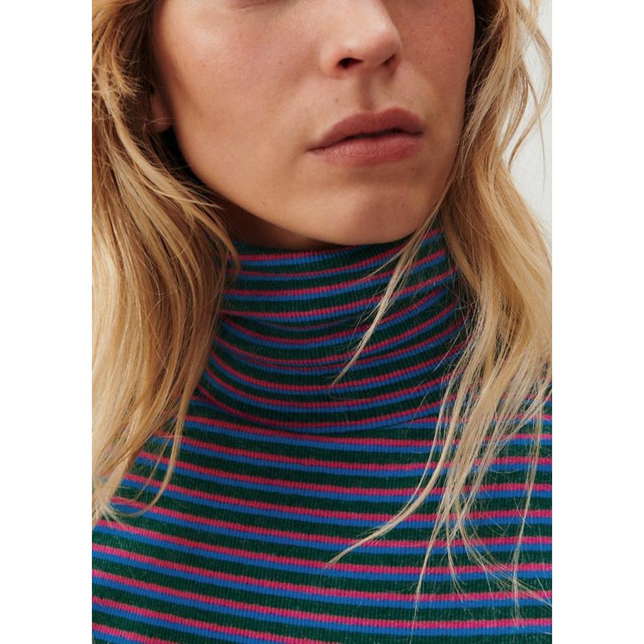 Striped Roll-Neck T-Shirt - Tricolour Stripes - Women