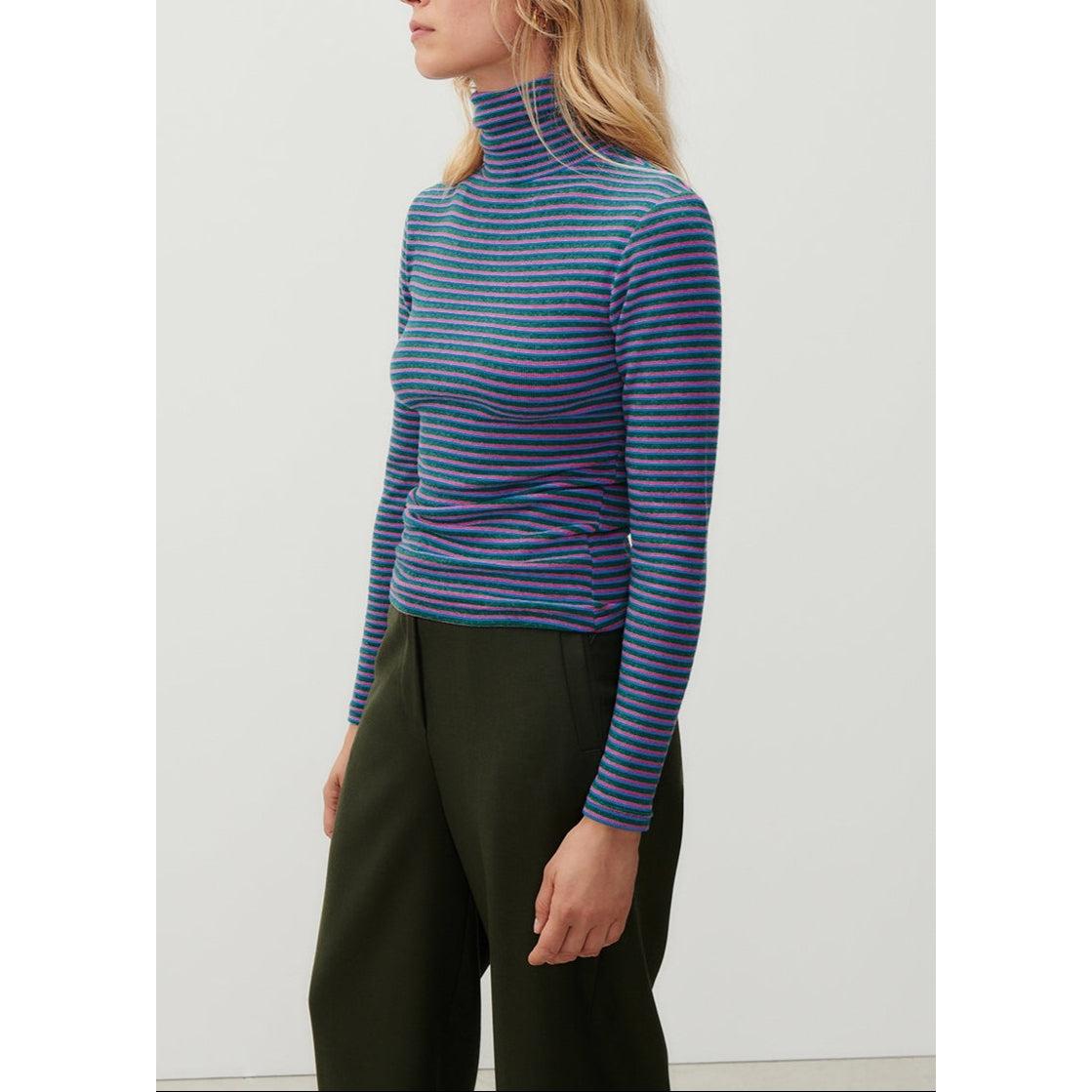 Striped Roll-Neck T-Shirt - Tricolour Stripes - Women