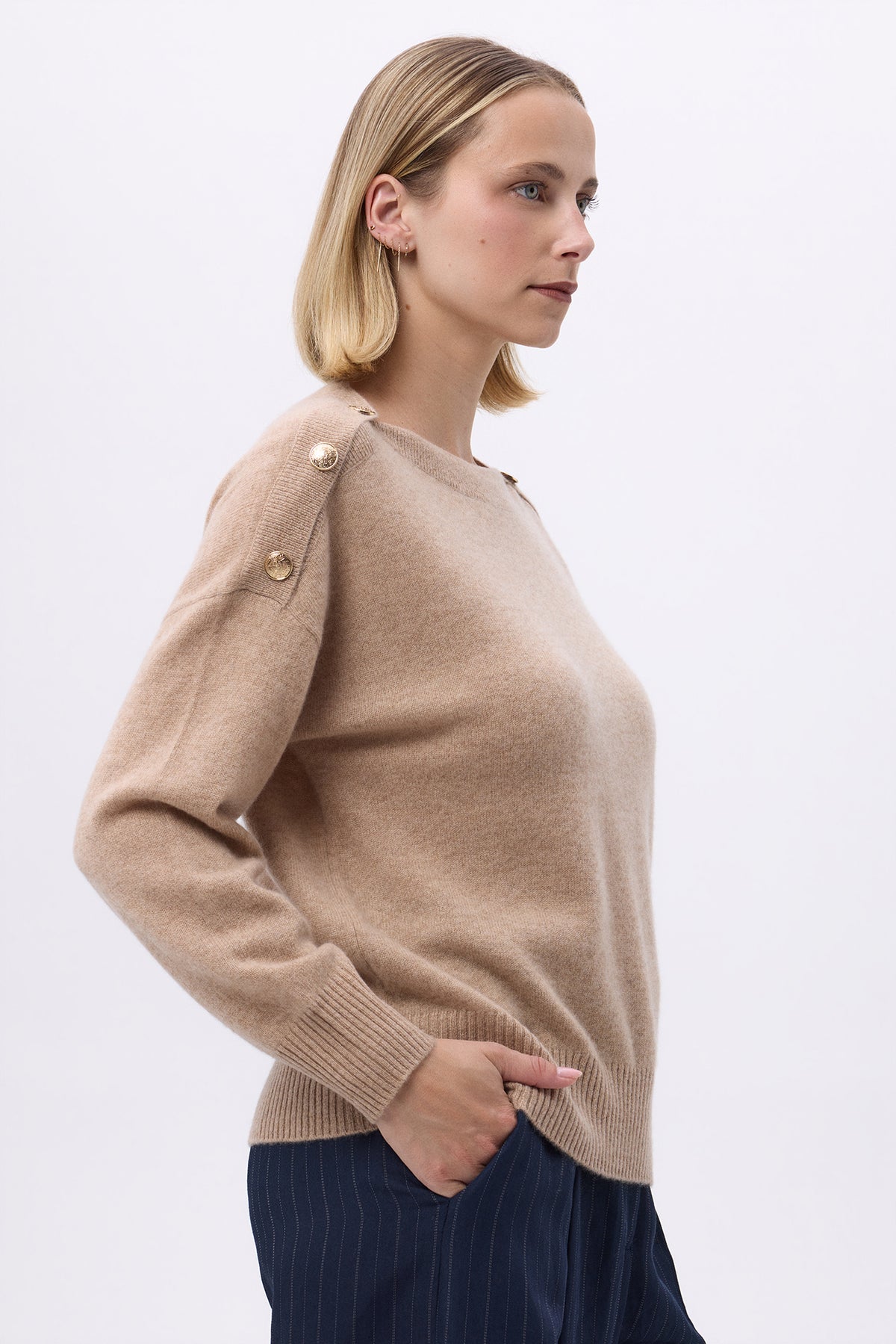 Aspen Gold Button Crew Neck Jumper - Cream Beige - Women