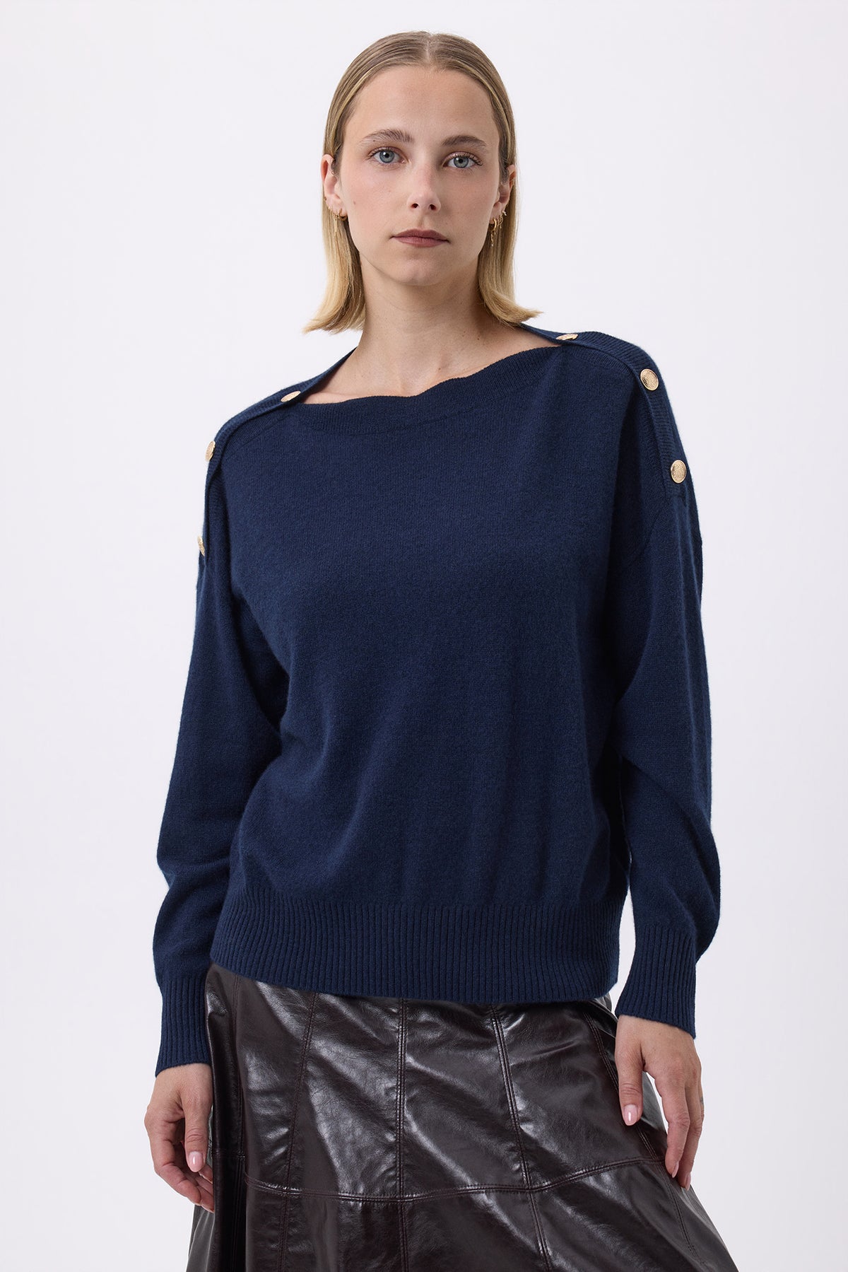 Jersey de Cuello Redondo con Botones Dorados F Aspen - Azul Marino - Mujer