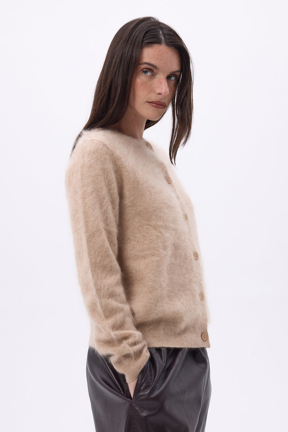 Cardigan Col Rond – Cachemire Brossé Atlas - Beige Creme - Femme