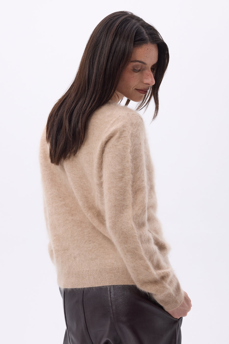 Cardigan Col Rond – Cachemire Brossé Atlas - Beige Creme - Femme