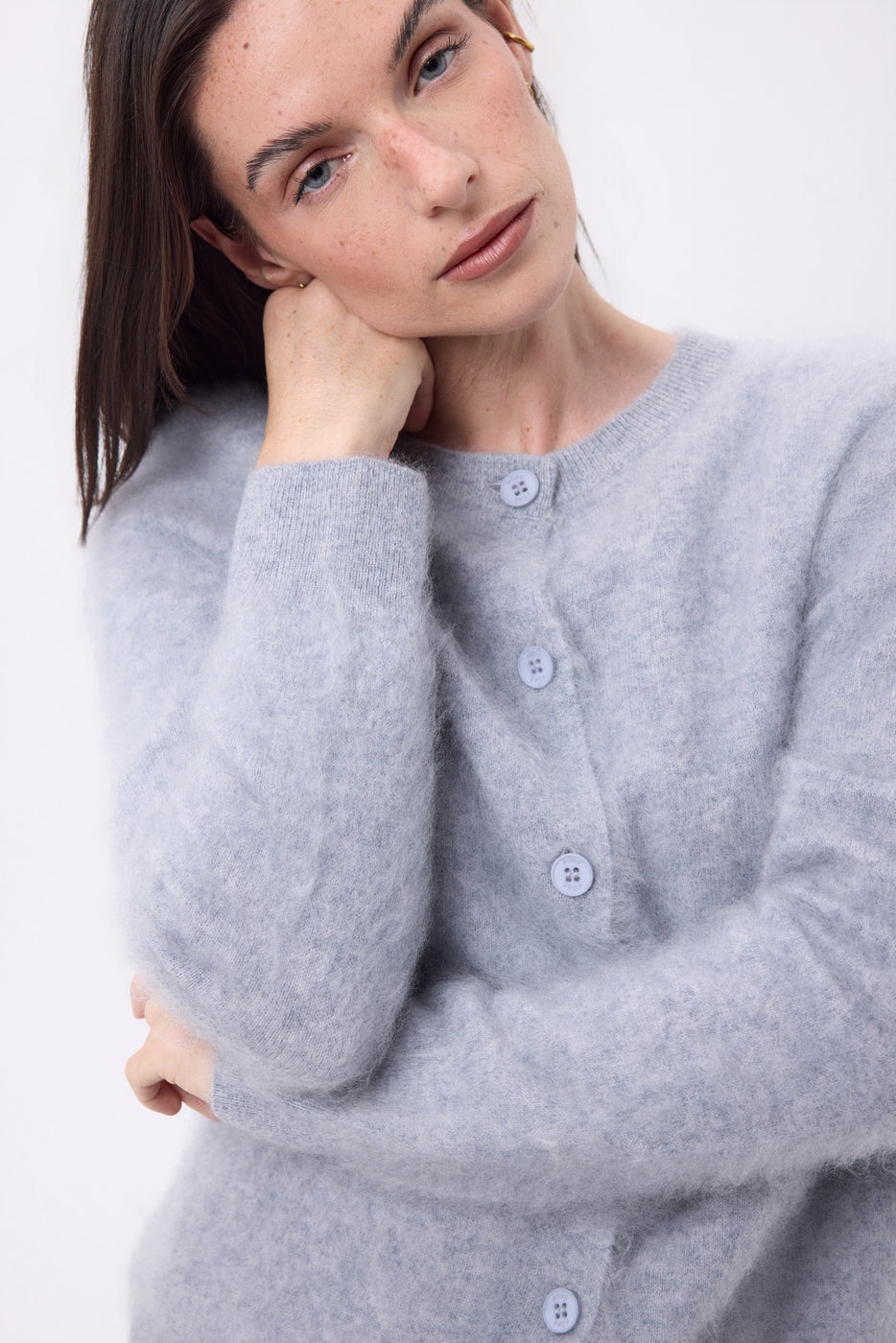 Cardigan Col Rond – Cachemire Brossé Atlas - Gris Clair - Femme
