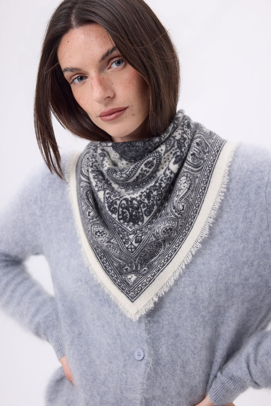Cardigan Col Rond – Cachemire Brossé Atlas - Gris Clair - Femme