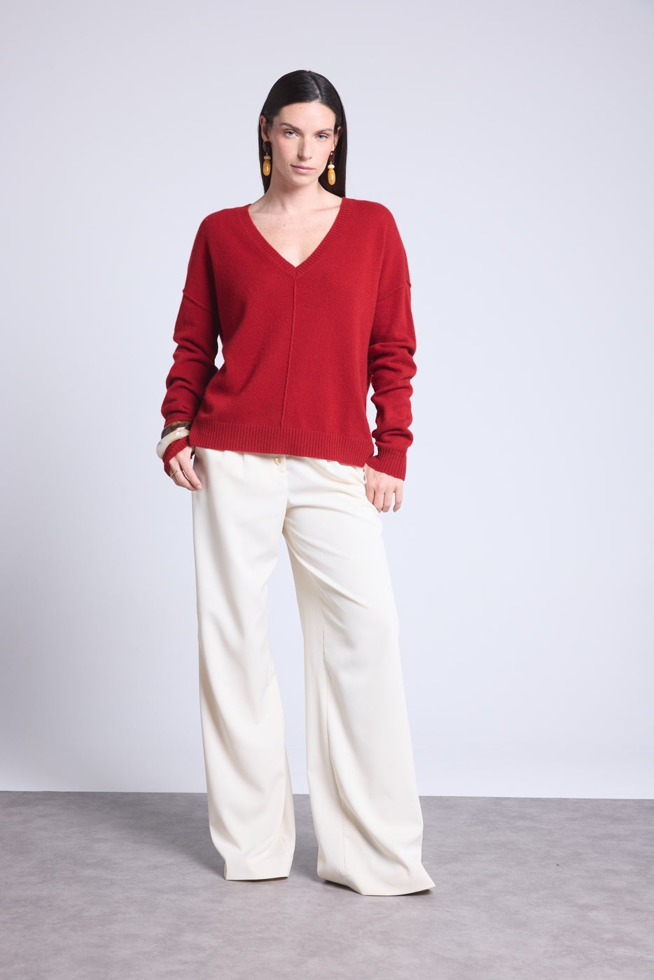 Jersey Cuello V Oversize Costuras Aura - Rojo Burdeos - Mujer