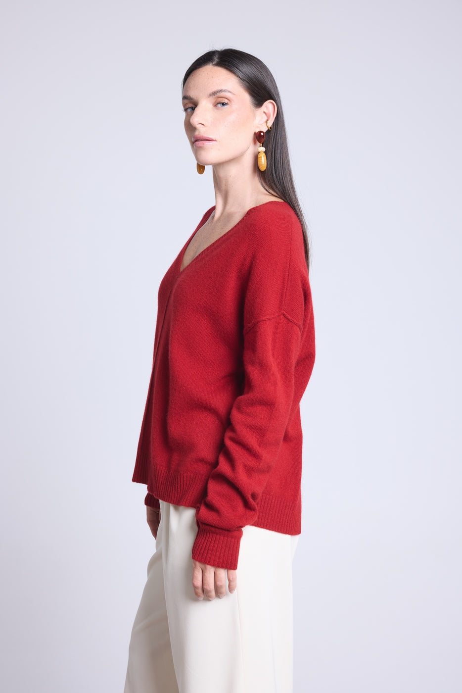 Jersey Cuello V Oversize Costuras Aura - Rojo Burdeos - Mujer