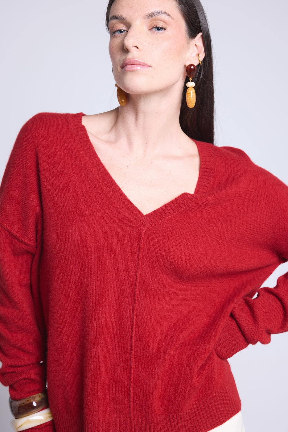 Jersey Cuello V Oversize Costuras Aura - Rojo Burdeos - Mujer