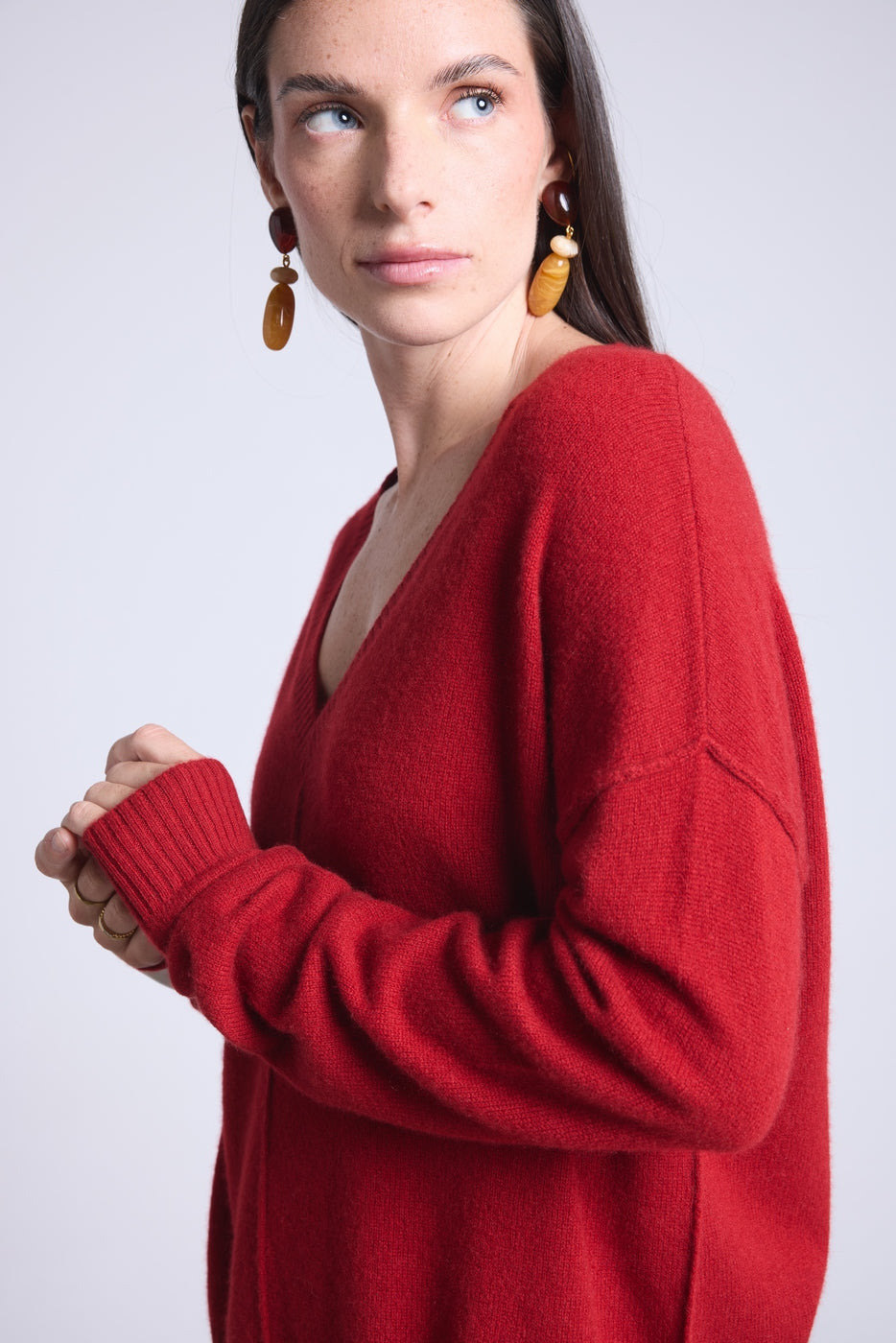 Jersey Cuello V Oversize Costuras Aura - Rojo Burdeos - Mujer