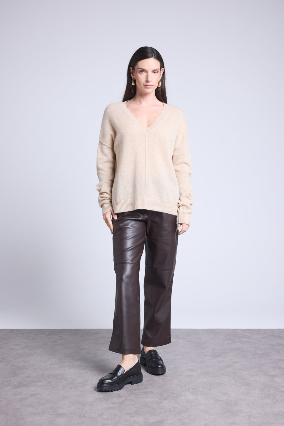 Pull Col V Oversize Coutures Aura - Beige Creme - Femme