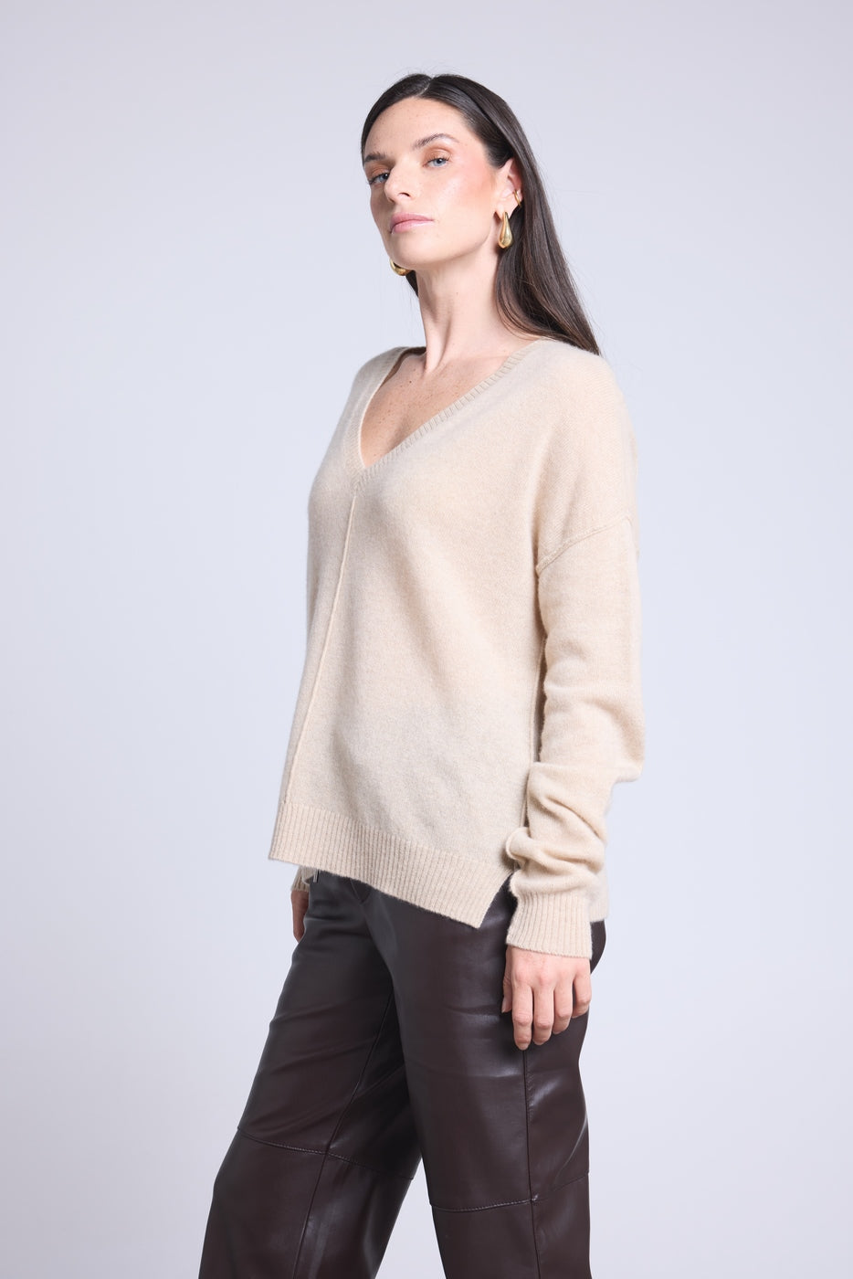 Pull Col V Oversize Coutures Aura - Beige Creme - Femme