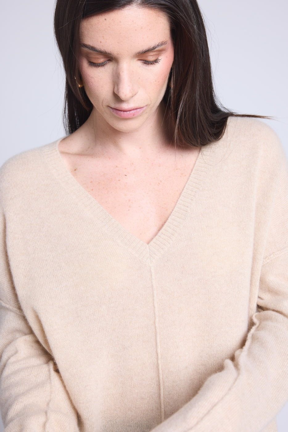 Pull Col V Oversize Coutures Aura - Beige Creme - Femme