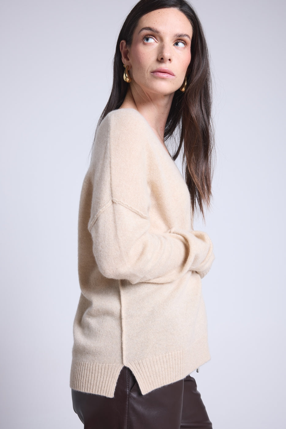 Pull Col V Oversize Coutures Aura - Beige Creme - Femme
