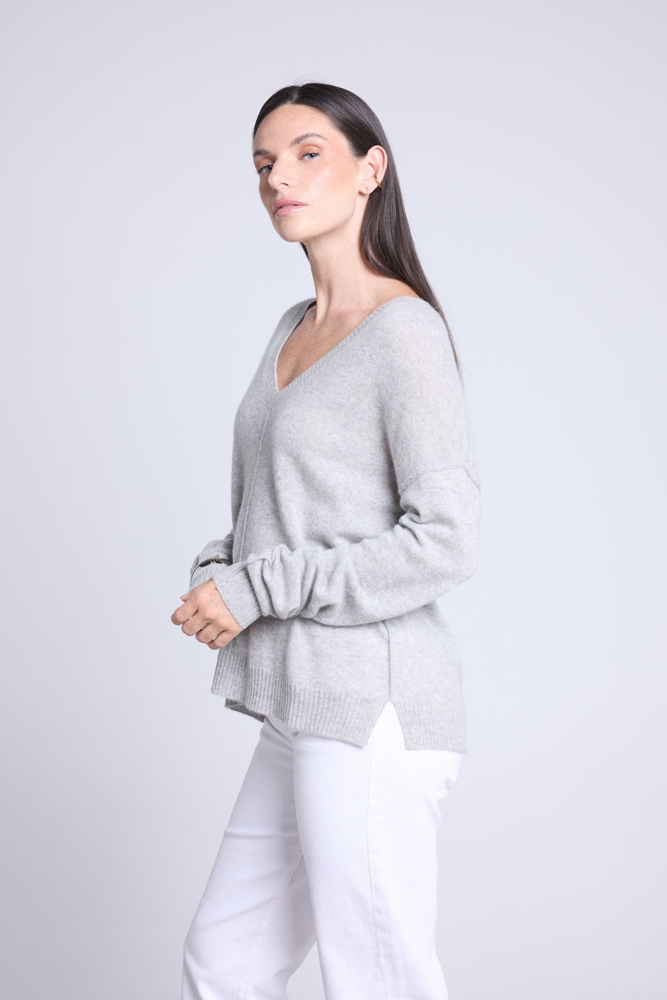 Jersey oversize de cuello en V con costuras Aura - Gris claro - Mujer