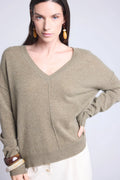 Jersey oversize de cuello en V con costuras Aura - Verde caqui - Mujer