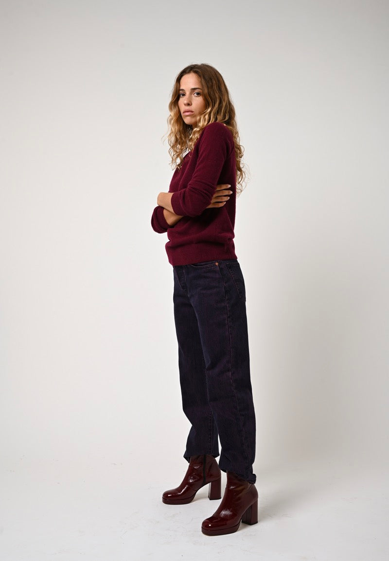 Pull Col Rond Etret - Bordeaux - 100% Cachemire 2 Fils