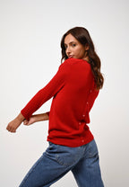 Round Neck Buttoned Back Sweater - Estaris - Red