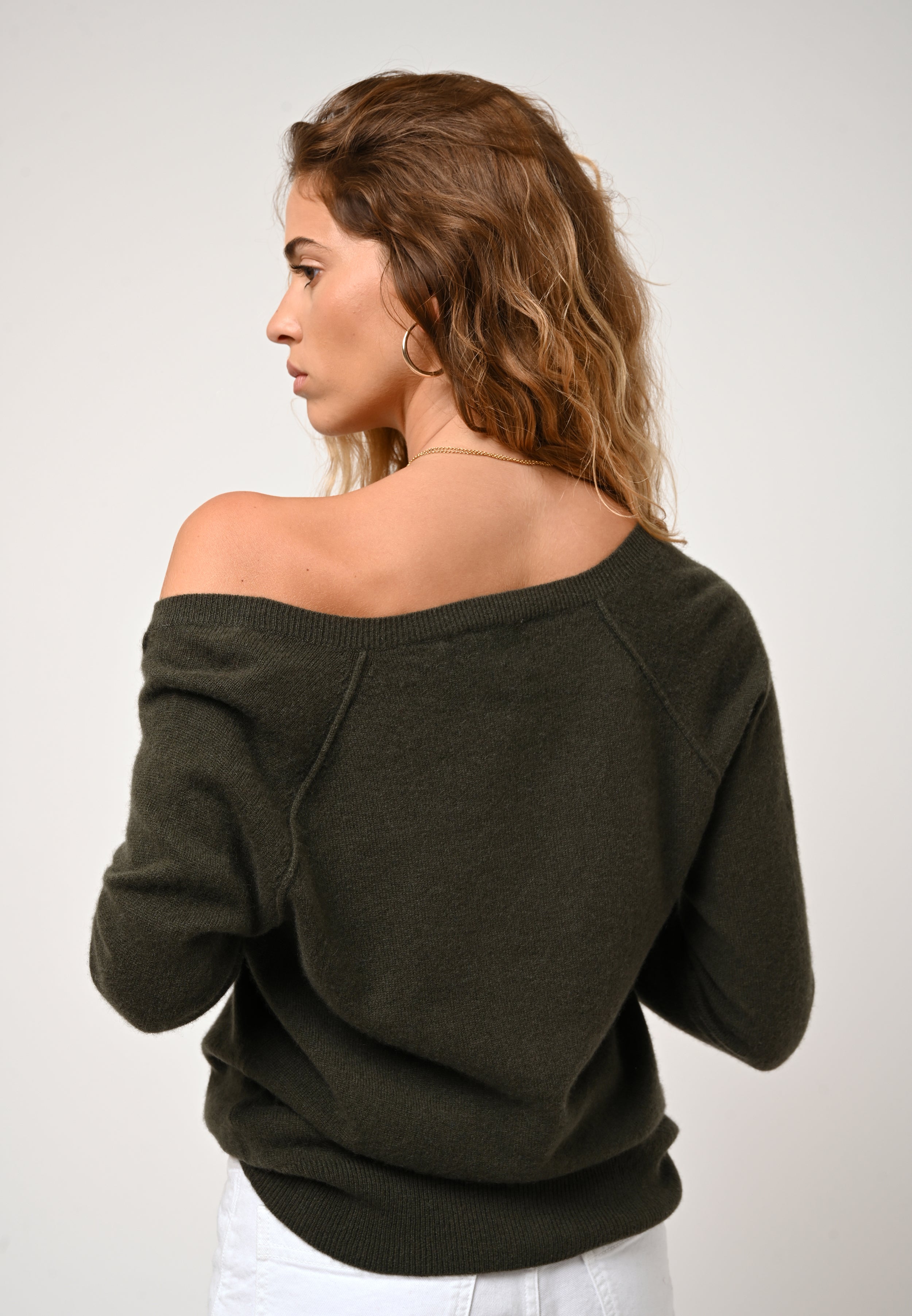 Pull Col V Giusalet - Kaki - 100% Cachemire 2 Fils