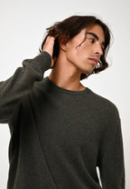 Aiglière Round Neck Jumper - Marl Khaki - 100% 2-Ply Cashmere