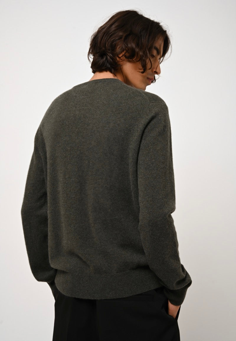 Pull Col Rond Aiglière - Kaki Chiné - 100% Cachemire 2 Fils