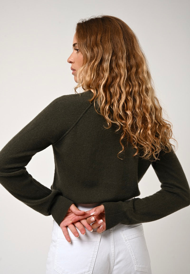 Pull Col Rond Etret - Kaki - 100% Cachemire 2 Fils