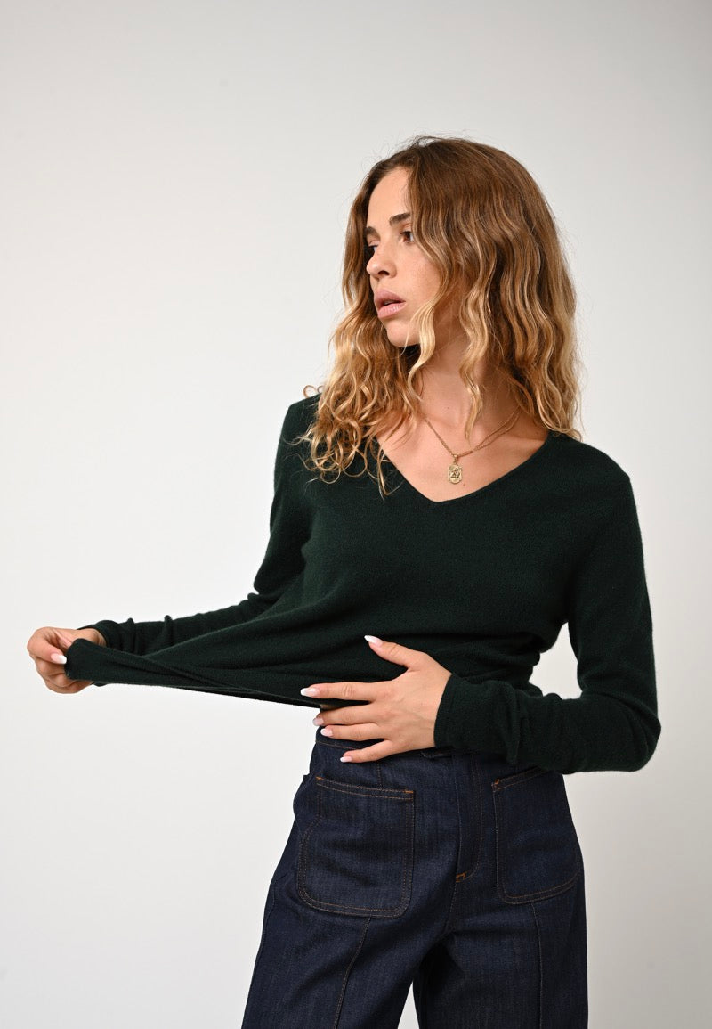 Jersey Cuello en V Galise - Ciprés - 100% Cachemira 2 Hilos